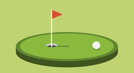Minimalist Golf Course Illustration with Ball Hole Green and Flag on a Light Green Background