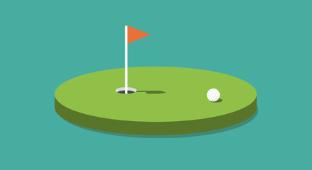 Minimalist Golf Green Illustration with Ball Hole and Flag on a Teal Background Ideal for Sport Themed Designs