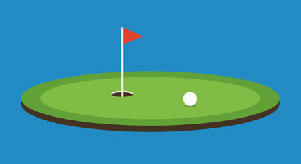 Minimalist Golf Green Illustration with Ball Hole Flag and Blue Background for Sport and Recreation
