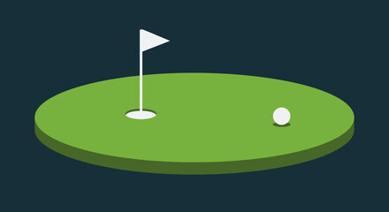 Minimalist Golf Green Illustration with Ball and Flag on Dark Background Sport and Recreation Concept