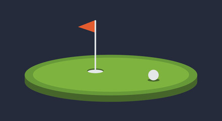 Minimalist Golf Green Illustration with Ball Flag and Hole on Dark Background