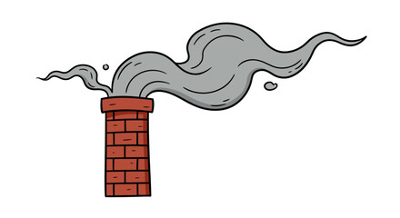 Cartoon Illustration of a Brick Chimney with Gray Smoke Coming Out on a White Background