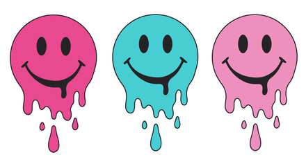 Melting Smiley Face Vector Illustration with Dripping Paint Effect in Pink and Blue on White Background