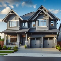 Fototapeta premium Grey house exterior with two garage spaces on a blue sky background. Northwest, USA