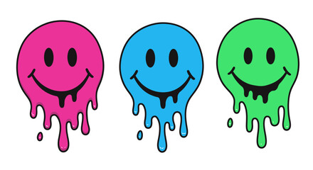 Colorful Dripping Smiley Faces in Pink Blue and Green on a White Background Vector Illustration