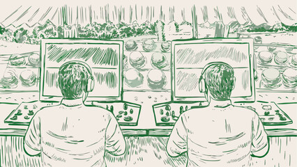 Two people operating control panels with monitors displaying circular objects in a green tinted sketch