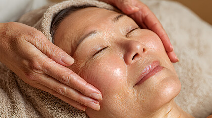 Close-Up of Japanese Woman Receiving Facial Massage &ndash; Skincare and Wellness Treatment in Luxury Aesthetic Salon