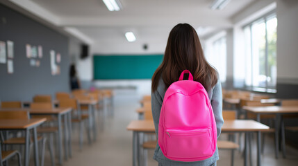 Schoolgirl with pink backpack standing alone in an empty classroom.
