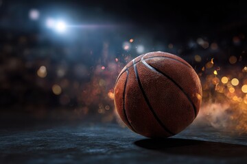 Obraz premium Dynamic basketball scene with an abstract background showcasing a vibrant ball in motion against a bokeh effect