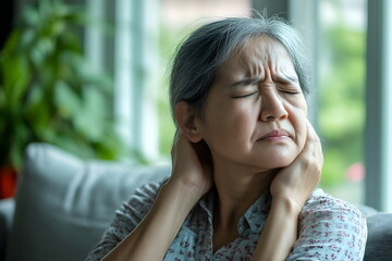 Elderly Woman Gripping Neck Experiencing Pain Symptoms Stress Release Relaxation