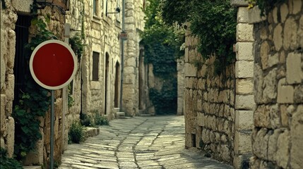 Narrow alleyway with stone walls,  red stop sign