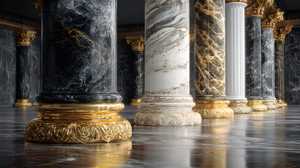 High-Resolution 3D Render of Gold and Black Marble Pillars &ndash; Classic Modern Design with Polished Surface and Luxury Interior Setting