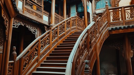 Ornate wooden staircase in a Chinese courtyard