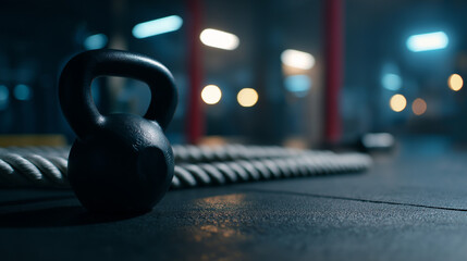 Black kettlebell and battle rope in a dimly lit gym setting, symbolizing strength and fitness.