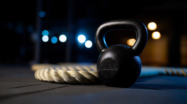Black kettlebell and battle rope in a dimly lit gym setting, symbolizing strength and fitness.