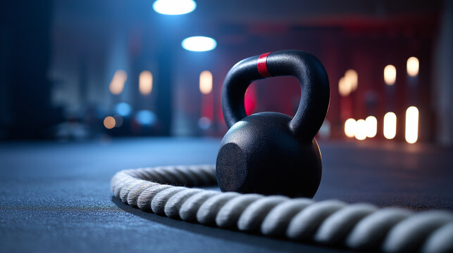 Black kettlebell and battle rope in a dimly lit gym setting, symbolizing strength and fitness.