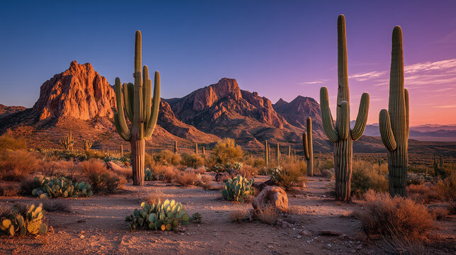 Golden Hour over Cactus-Filled Arizona Desert Landscape
