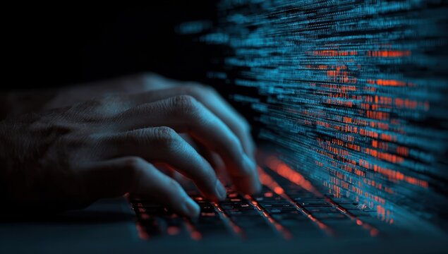 Hands type on a laptop keyboard with blurred blue and red coding in the background, suggesting coding or hacking in a dark environment