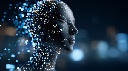 Digital representation of a humanoid figure composed of floating particles on a dark, futuristic background.