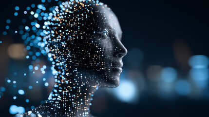 Digital representation of a humanoid figure composed of floating particles on a dark, futuristic background.
