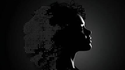 A black and white photograph of the silhouette profile of an African American woman with curly hair, filled in by small dots or binary code patterns, against a dark background.