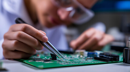 Technician examining a printed circuit board at a workbench surrounded by electronic tools and components.
