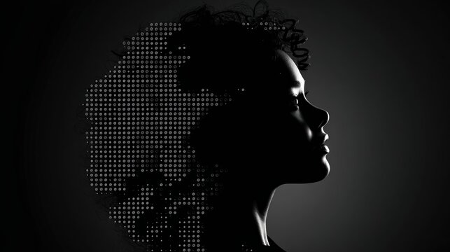 A black and white photograph of the silhouette profile of an African American woman with curly hair, filled in by small dots or binary code patterns, against a dark background. 