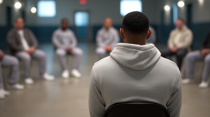 Man participating in a group therapy session, seated in a circle with others in a rehabilitation facility.
