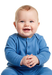 A cute and cheerful baby boy with a big smile and bright eyes, dressed in blue, sits happily. Ideal for themes of childhood, joy, and new beginnings.