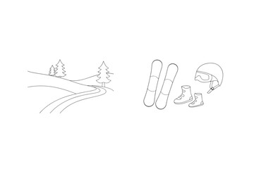 Snowy landscape with winter sports equipment trees