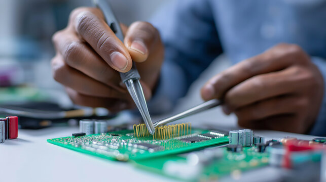 Technician examining a printed circuit board at a workbench surrounded by electronic tools and components.
