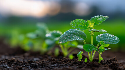 Close-up of green seedlings sprouting from fertile soil on a farm field.
