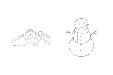 Snowman with scarf and mountains winter