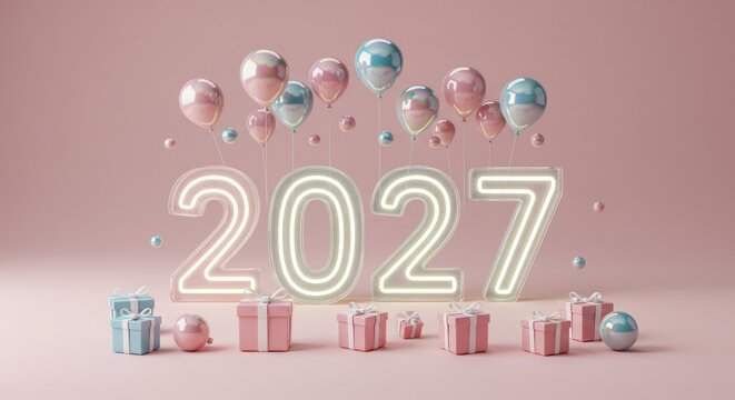 Pink-themed 2027 celebration with gifts and balloons, festive, pastel, and rendered