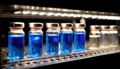Blue liquid vials under lights