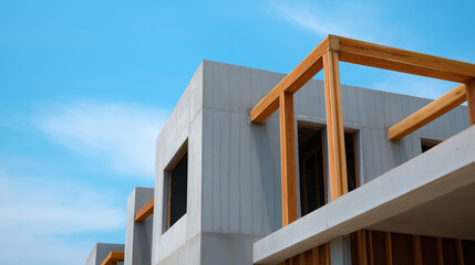 Modern house under construction with exposed wood beams and concrete walls against a blue sky.
