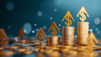 Stacked gold coins forming a pyramid shape, symbolizing financial growth, investment, savings, and prosperity, against a dark blue blurred background.