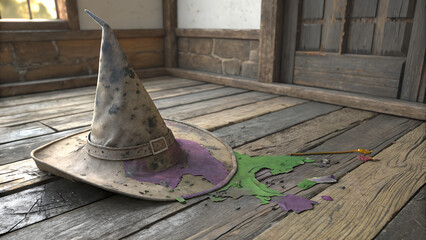 Tattered witch hat abandoned on weathered wooden floor with spilled vibrant potion seeping into grain with copy space  