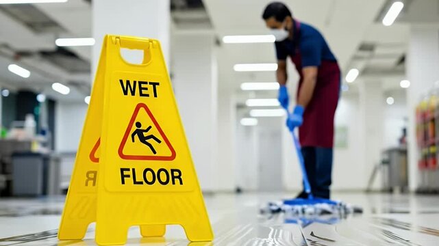A diligent janitor meticulously cleans a wet floor, ensuring workplace safety.