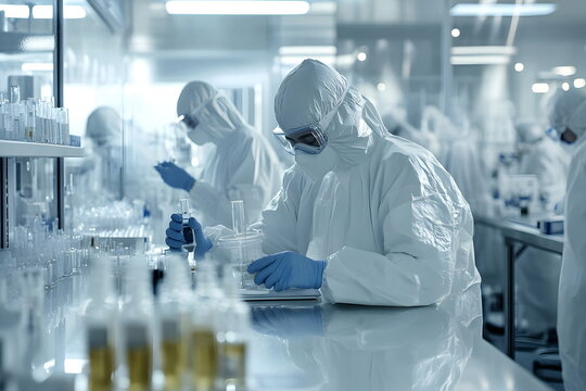 Laboratory Research Scientists Analyzing Chemical Samples Wearing Protective Gear