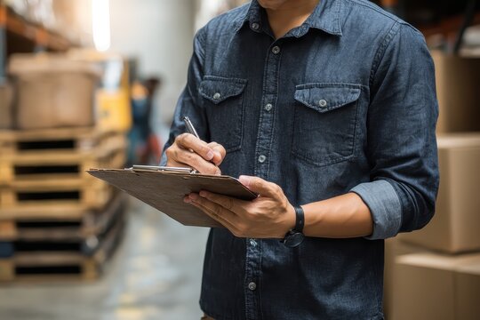 Logistics professional reviewing checklist in a warehouse while managing inventory and overseeing operations during daytime