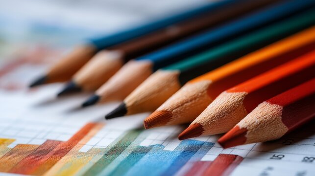 Sharp colored pencils arranged in a row on a graph paper background, showcasing creativity, precision, and artistic tools for design and education.