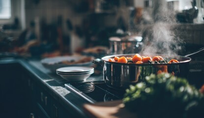 Steaming vegetables in a pot on a stovetop