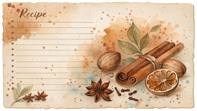  Faded handwritten vintage recipe card with spice-toned watercolor splashes on parchment with copy space  