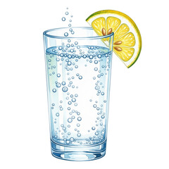 An illustration of a tall glass filled with sparkling water and a lemon slice. Perfect for health, hydration, or summer drink concepts.