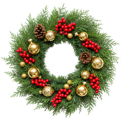 Festive christmas wreath with berries and ornaments isolated on transparent background