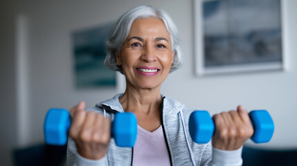Smiling senior woman exercising at home with blue dumbbells, promoting active aging and healthy lifestyle.
