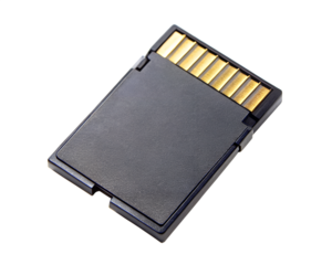A black sd memory card with gold connectors, isolated on a transparent background