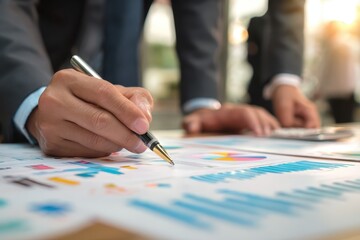 Business professionals engaged in strategic analysis and planning during a collaborative meeting in an office setting