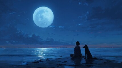 Fototapeta premium A child sits peacefully on the shore beside a dog, gazing at the full moon reflecting on the water. The tranquil evening sky is filled with soft clouds, creating a serene atmosphere.